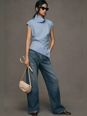 Maeve Mock-Neck Asymmetric Muscle Top Size M STRIPED